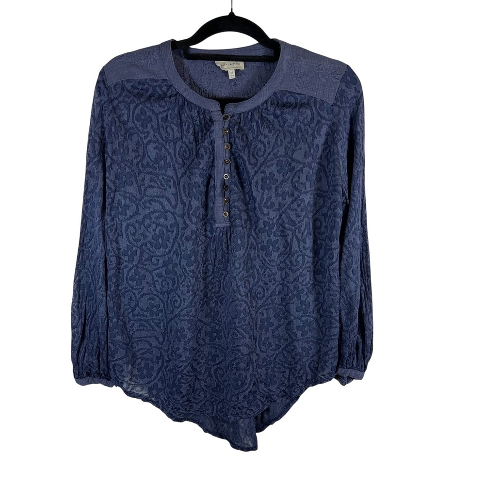 Lucky Brand Blue Burnout Floral Henley Blouse Long Sleeve Embroidered Yoke Top M